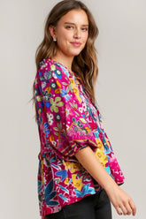 Umgee Full Size Floral Print Tie Neck Peplum Blouse Plus Size OutfitFlow
